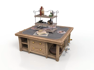 Wooden Kitchen Table With Multi Tiered Rack Condiment Bottles Plates Drawers And Utensils 3d model
