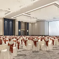 Elegant Banquet Hall With Large Chandeliers Projection Screen And Neatly Arranged Tables And Chairs