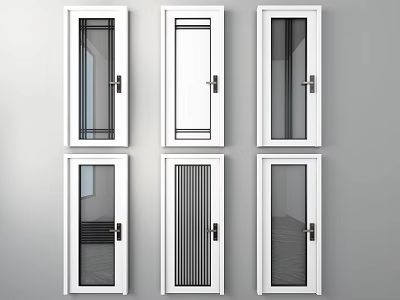 White Casement Doors Featuring Various Glass Panel And Striped Design Styles 3d model