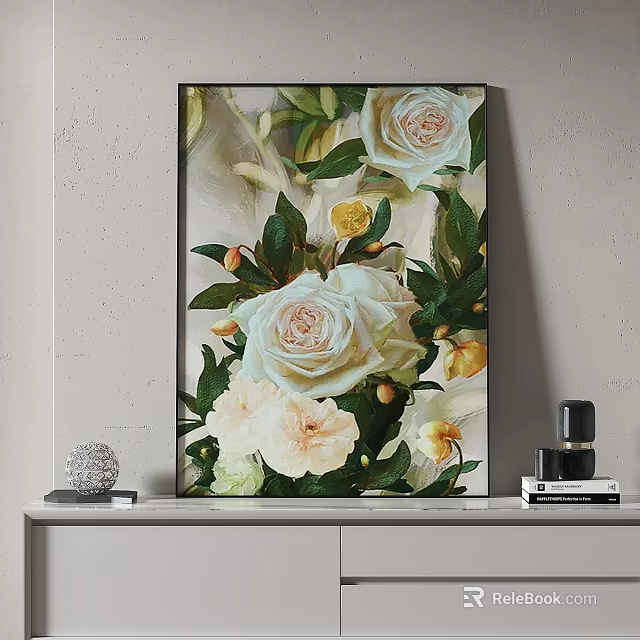 Floral Painting With White Roses Light Pink Flowers Green Leaves And Yellow Buds Wall Decor 3d model 