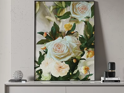 Floral Painting With White Roses Light Pink Flowers Green Leaves And Yellow Buds Wall Decor 3d model