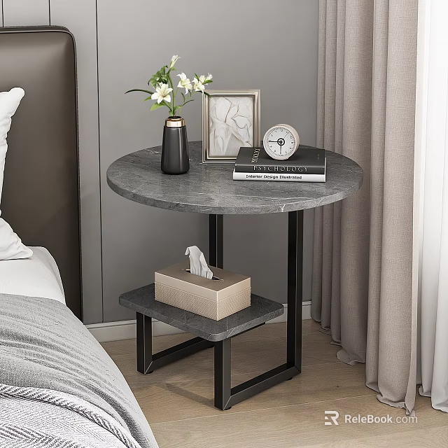 Modern Round Nightstand With Marble Top Metal Frame Lower Shelf And Decor 3d model 
