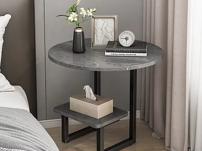 Modern Round Nightstand With Marble Top Metal Frame Lower Shelf And Decor 3d model