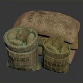 Sacks of Potatoes Filled With Fresh Tubers Stacked on Dark Background