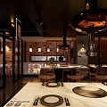 Modern Restaurant Interior With Booth Seating Wooden Panels And Pendant Lights