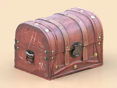 Vintage Red Distressed Leather Trunk With Metal Buckles And Rivets 3d model