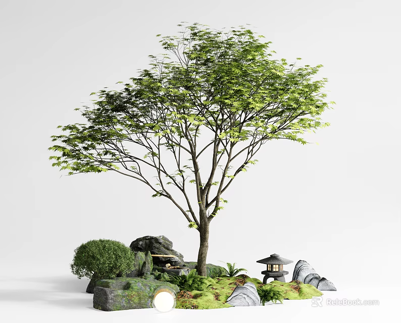 Tall Lush Tree With Small Shrubs Rocks Lantern And Green Grass Landscape 3d model 