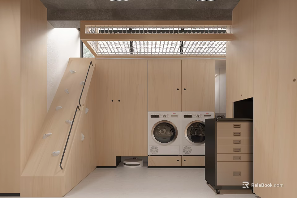 Modern Laundry Room With Built In Front Load Washing Machines And Wooden Cabinets 3d model 