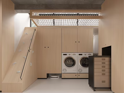 Modern Laundry Room With Built In Front Load Washing Machines And Wooden Cabinets 3d model