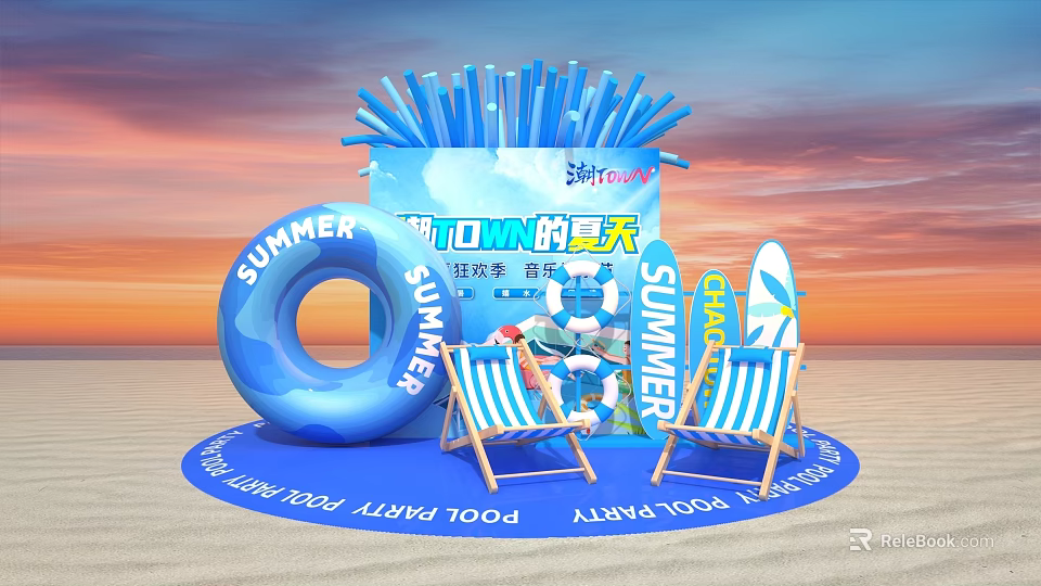 Summer Photo Check in Spot with Blue Inflatable Ring Surfboard and Striped Deck Chairs Sunset Backdrop 3d model 