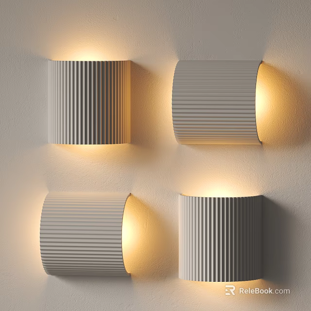 Modern Ribbed Wall Lamps Illuminated On White Wall With Warm Glow 3d model 