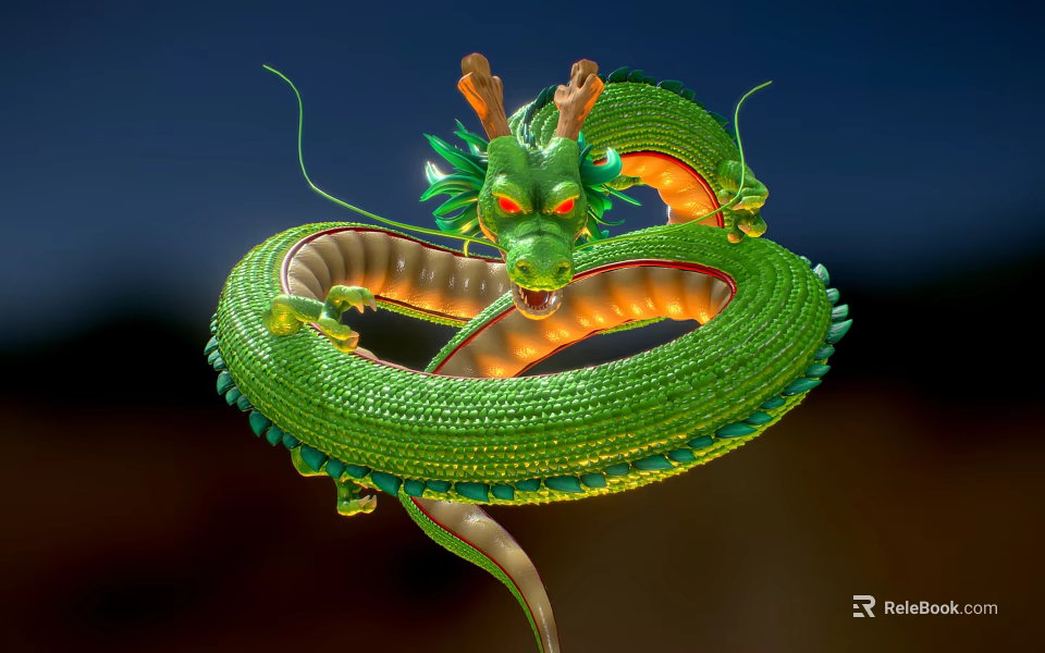 Mythical Green Dragon With Red Eyes Coiled Body And Detailed Scales Design 3d model 