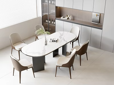 Modern Dining Table Set With Oval Marble Top Six Beige Brown Chairs And Green Plant 3d model