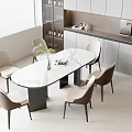 Modern Dining Table Set With Oval Marble Top Six Beige Brown Chairs And Green Plant
