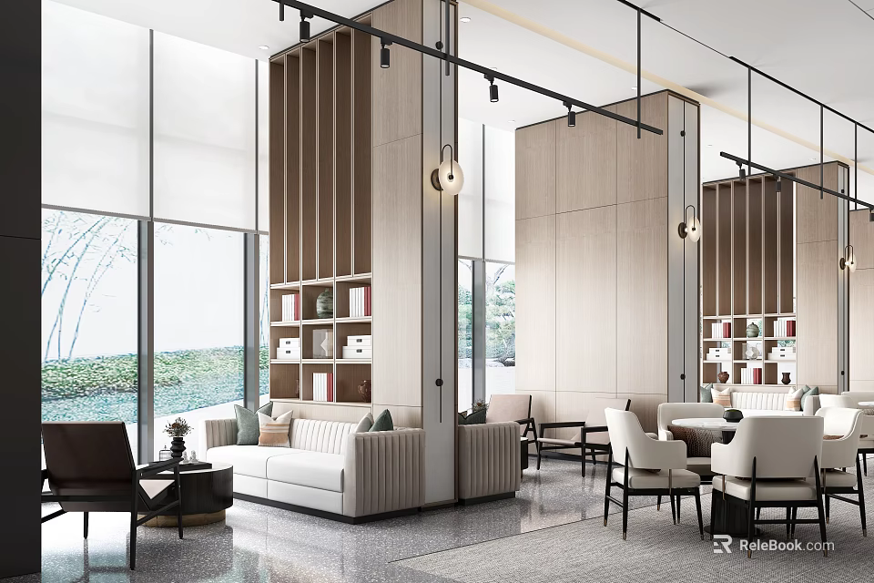 Modern Leisure Area Interior Design With Wooden Bookshelves Sofa Seating And Floor to Ceiling Windows 3d model 