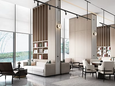 Modern Leisure Area Interior Design With Wooden Bookshelves Sofa Seating And Floor to Ceiling Windows 3d model