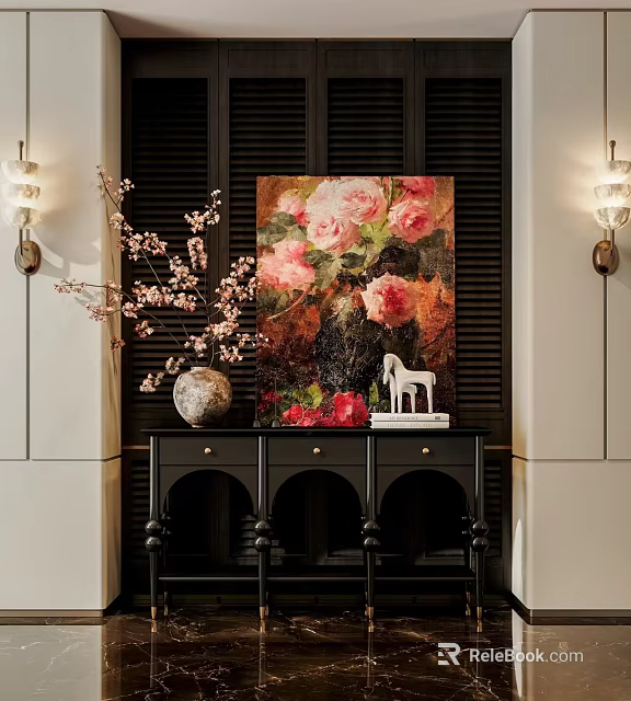 Elegant Decorative Cabinet With Pink Floral Painting Vase Twigs White Horse Figurine Dark Louvered Backdrop 3d model 