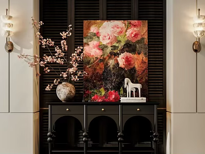 Elegant Decorative Cabinet With Pink Floral Painting Vase Twigs White Horse Figurine Dark Louvered Backdrop 3d model