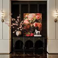 Elegant Decorative Cabinet With Pink Floral Painting Vase Twigs White Horse Figurine Dark Louvered Backdrop