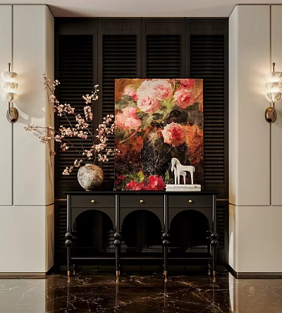Elegant Decorative Cabinet With Pink Floral Painting Vase Twigs White Horse Figurine Dark Louvered Backdrop 3d model