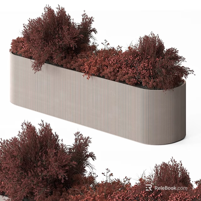 Modern Garden Planter With Vertical Striped Design And Red Foliage Plants 3d model 
