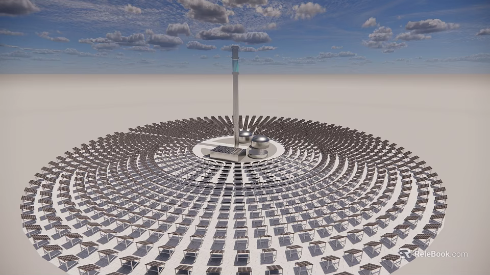 Solar Power Plant With Circular Heliostats And Central Tower For Renewable Energy 3d model 