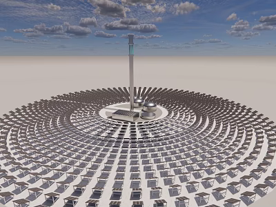 Solar Power Plant With Circular Heliostats And Central Tower For Renewable Energy 3d model