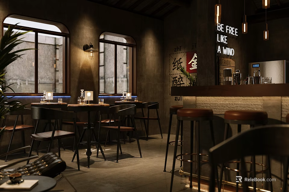 Industrial Style Bar Interior With Arched Windows Bar Counter And Wall Signs 3d model 