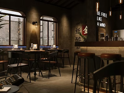 Industrial Style Bar Interior With Arched Windows Bar Counter And Wall Signs 3d model