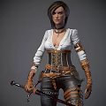Woman Wearing White Top Brown Corset Holding Sword With Leather Pants And Tall Boots
