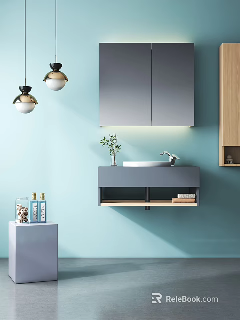 Modern Washbasin Design with Light Blue Wall Gray Cabinet Pendant Lights and Small Plant 3d model 