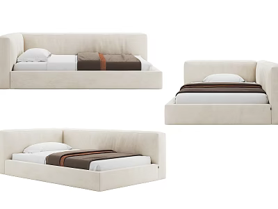 Modern Single Bed Interior Design With Beige Frame And White Brown Mattress 3d model