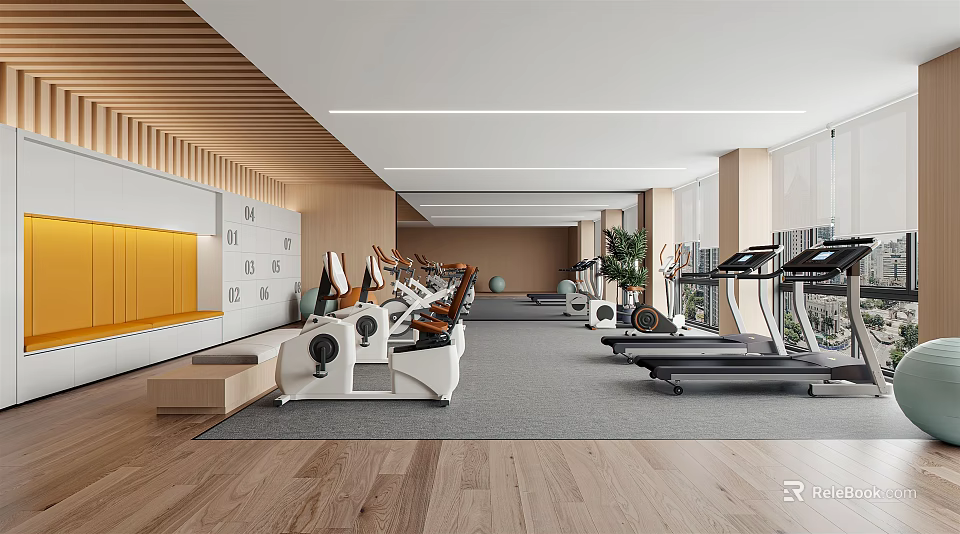 Spacious Modern Fitness Gym Interior With Treadmills Dumbbells And Workout Equipment 3d model 