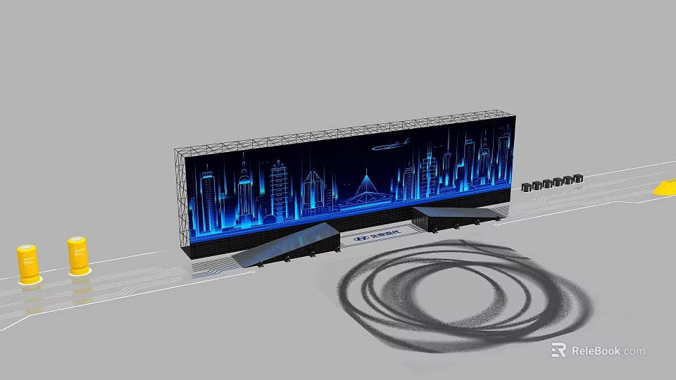 Modern Stage Design With LED Screen City Silhouette And Blue Lighting 3d model 