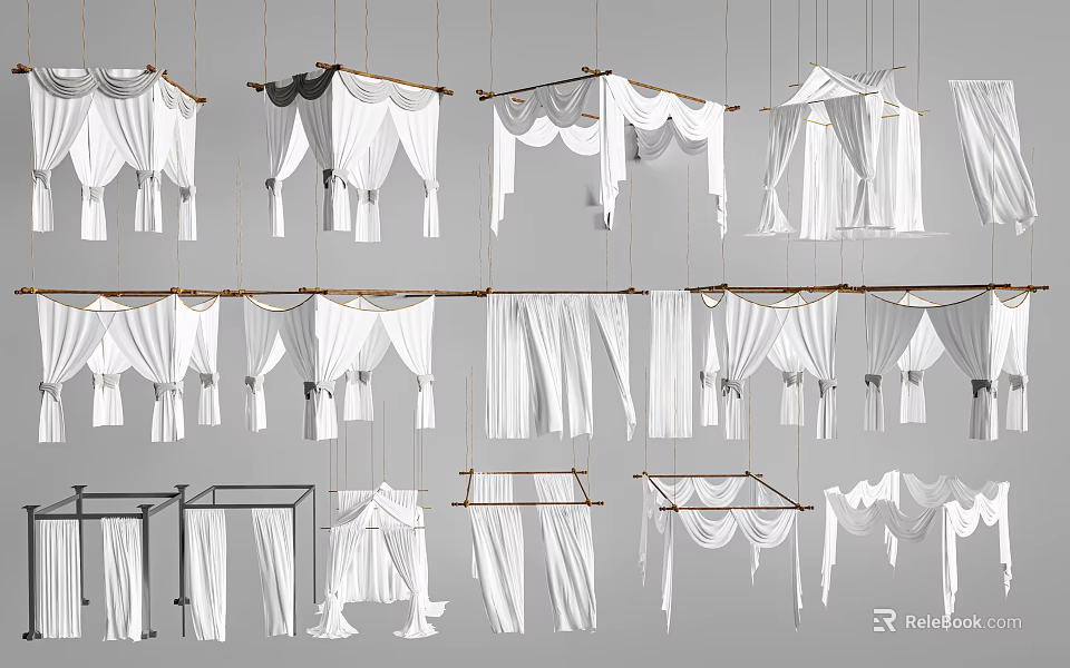 Various White Curtain Styles With Hanging Rods And Decorative Designs For Interior 3d model 