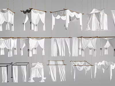 Various White Curtain Styles With Hanging Rods And Decorative Designs For Interior 3d model