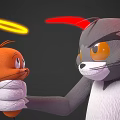 Two Gray Cat Characters With Red Horns And Halos Holding Small Mice In 3D Design