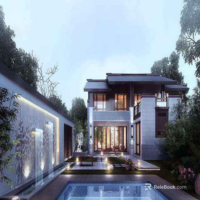 Modern Single Family Villa Exterior With Lush Garden And Water Feature 3d model 