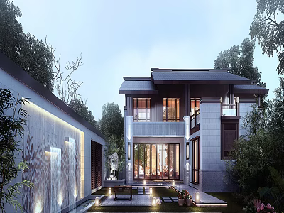 Modern Single Family Villa Exterior With Lush Garden And Water Feature 3d model