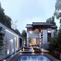 Modern Single Family Villa Exterior With Lush Garden And Water Feature