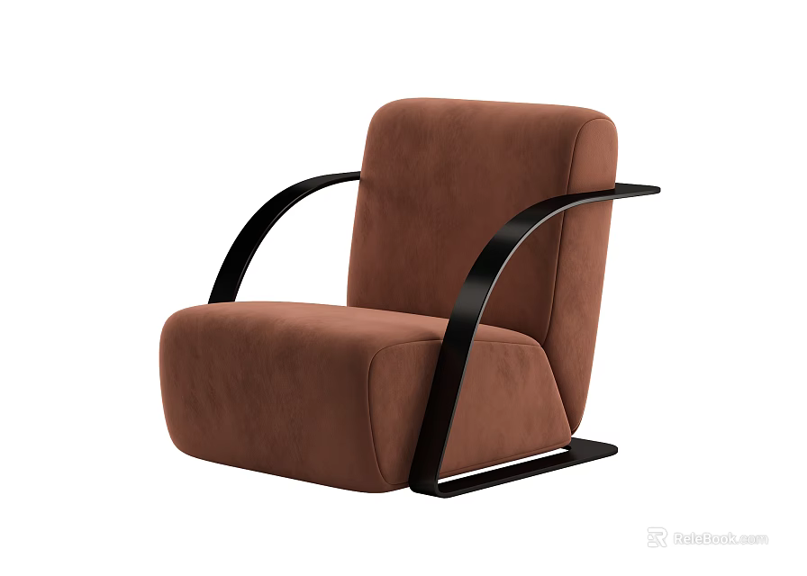 Brown Velvet Single Sofa With Modern Black Metal Curved Armrests Design 3d model 