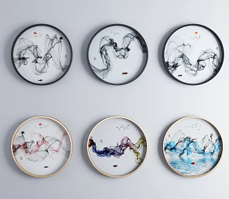 New Chinese Style Round Frame Painting Landscape Abstract Hanging Painting 3d model