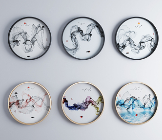 New Chinese Style Round Frame Painting Landscape Abstract Hanging Painting 3d model