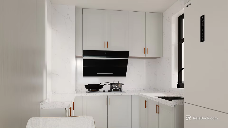 Modern Kitchen Interior Design With White Cabinets Golden Handles Marble Countertops And Black Range Hood 3d model 