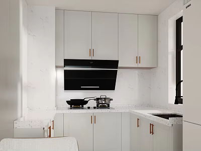 Modern Kitchen Interior Design With White Cabinets Golden Handles Marble Countertops And Black Range Hood 3d model