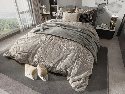 Cozy Double Bed With Gray Duvet Pillows Bedside Table Lamp And Window View 3d model