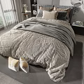 Cozy Double Bed With Gray Duvet Pillows Bedside Table Lamp And Window View