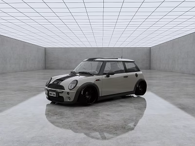 Small Silver Gray Car with Black Roof and Black Wheels in Spacious Modern Indoor Space 3d model