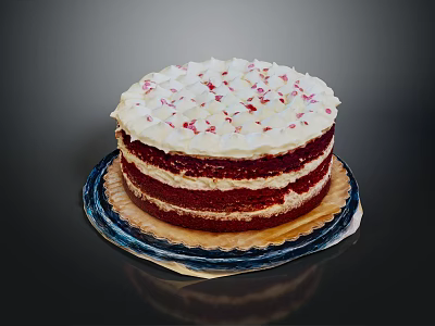 Layered Red Velvet Cake With White Frosting And Red Sprinkles On Plate 3d model