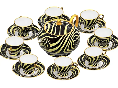 Elegant Black and Gold Tea Set with Spiral Patterns and Gold Trim Teacups Saucers 3d model